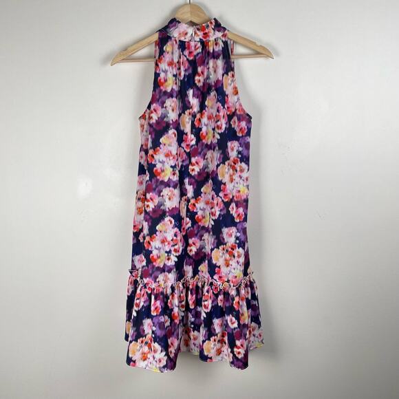 Sam Edelman Brushed Floral High Neck Tiered Dress Size XS Purple Cocktail Party - Picture 5 of 8